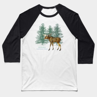 Denali National Park Alaska USA Moose Trees Silhouette Souvenir Baseball T-Shirt